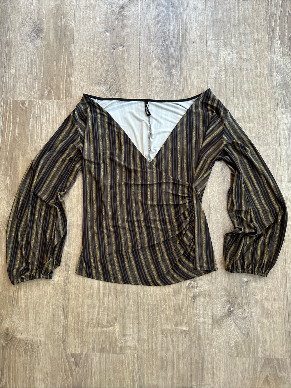Striped V-Neck Wrap Blouse in Black and Gold